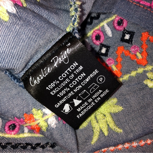 Sz S/M Anthropologie Charlie Paige Blue Chambray Embroidered Smocked L/S Shirt - Picture 11 of 12